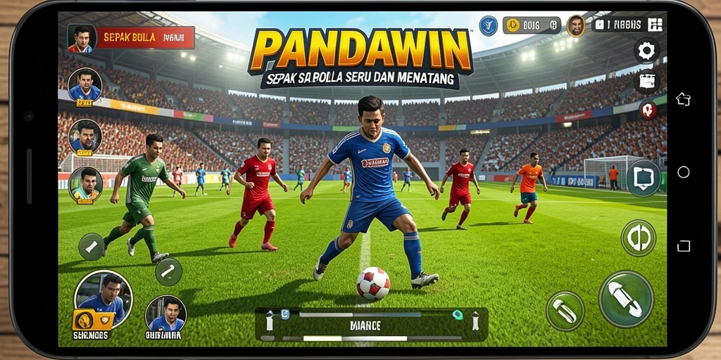 Tampilan screenshot PANDAWIN menunjukkan aksi pertandingan sepak bola yang mendebarkan.