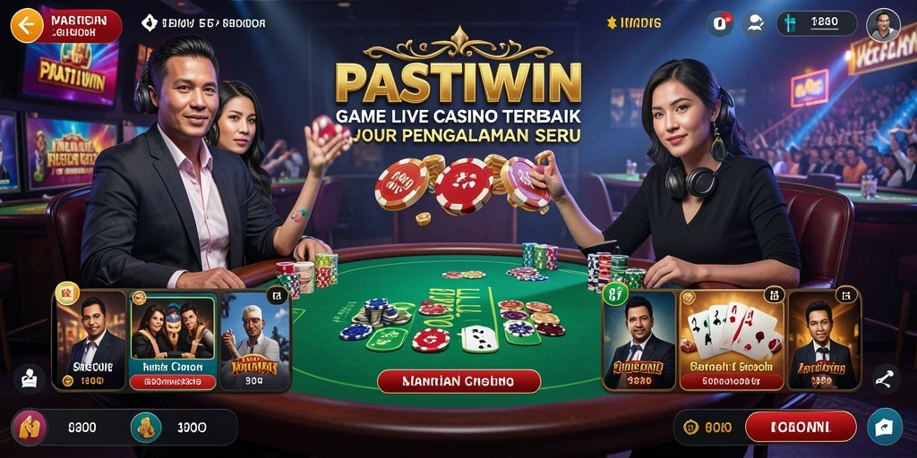 Screenshot gameplay <strong>PASTIWIN</strong> menampilkan dealer profesional dan suasana kasino yang mendebarkan.