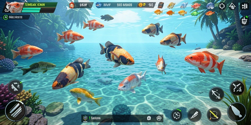 Screenshot gameplay RVIP menampilkan aksi seru menembak ikan.