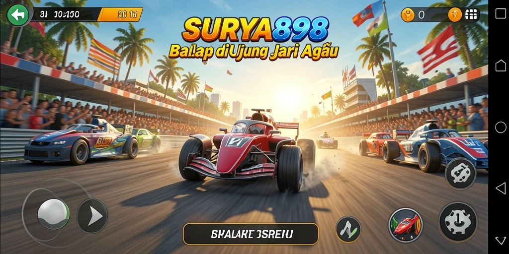 Screenshot gameplay SURYA898 menampilkan aksi balap yang mendebarkan.