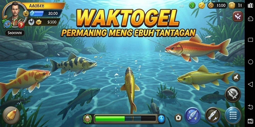 Gameplay WAKTOGEL menampilkan momen menangkap ikan yang mendebarkan.